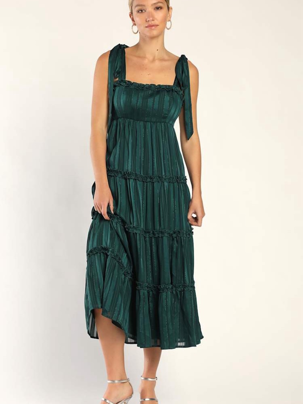 NWT Lulus Day for Romance Emerald Green Tie-Strap Tiered Midi Dress Size Small